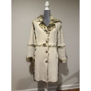 True Grit Women's‎ MED Faux Fur & Suede Coat Long Buttons Collar Penny Lane USA